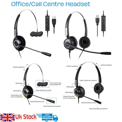 USB Headphones Headset With Microphone Noise Cancelling For PC Laptop Chat Call • £12.99