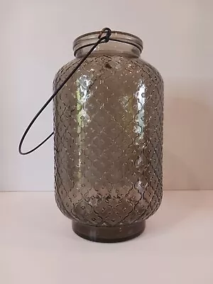 Vintage Smoky Gray Glass Jar/Lantern W/Wire Handle Moroccan Pattern • $30