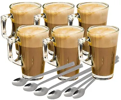 4/6 Latte Coffee Glasses Cappuccino Lattes Tea Glass Cups Hot Drink Mugs+ Spoons • £12.99