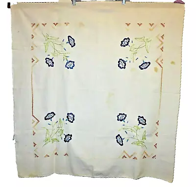 Vintage 50s Tablecloth Embroidered Flowers Cross-stitch Crochet Edge 34 X 36  • $4.95