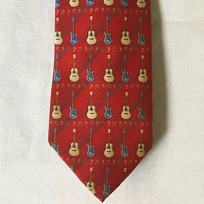 Guitar Tie 100% Silk Red Electric Acoustic EUC Mens Music Notes Musician • $12.99