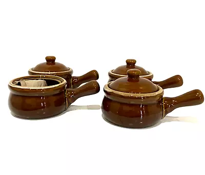 French Onion Soup Bowl Crock Handle & Lid Brown Stoneware Set Of Four Oven Safe • $29.99