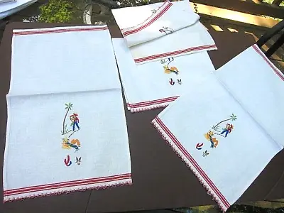 Kitschy Vintage 50's  NOS Tea Towels Set Of 4 ~Embroidered Mexican ~Red Boarders • $28