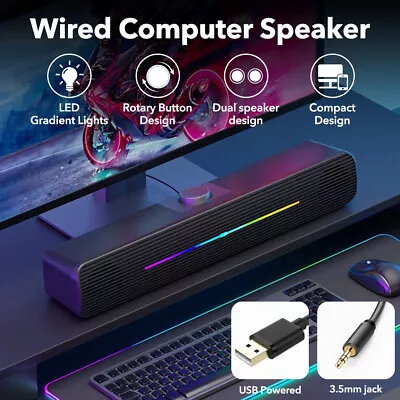 LED Computer Speakers Stereo Bass Subwoofer Wired Speakers For Phone Laptop PC • £11.99
