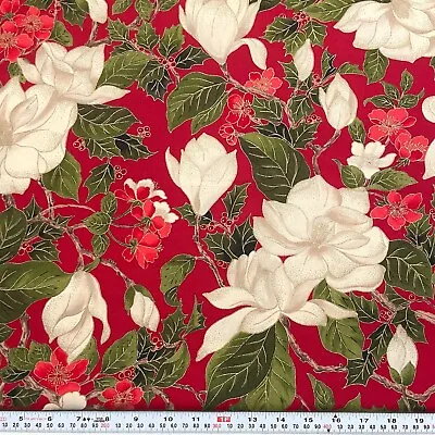 Magnolia By Moda Metallic Gold Florals Red Cotton Fabric By The HALF YARD • $6