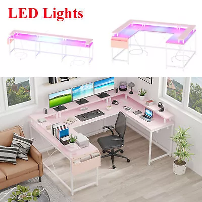 L Shaped Computer Desk U Shape Office Desk Gaming Desk W/Power Outlets LED Light • $181.23