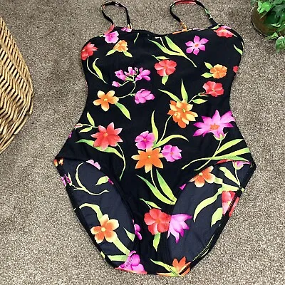 COLE OF CALIFORNIA Swimsuit Black Floral Print One Piece 1960s Size 16 Vintage • $29.99