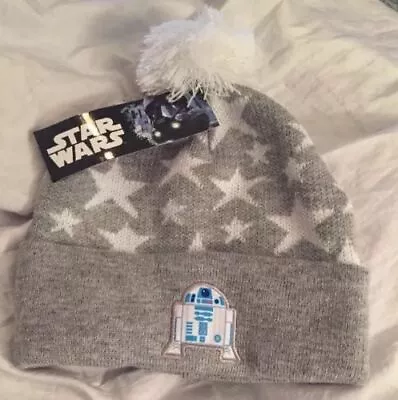 Disney Star Wars R2-D2 Girls Pom-Pom Beanie Hat Gray With White Stars • $9.99