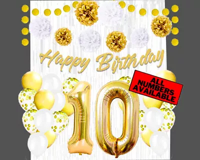 Gold & White 10th Birthday Decorations - 40  Number Balloons & More- Boy Or Girl • £28.94