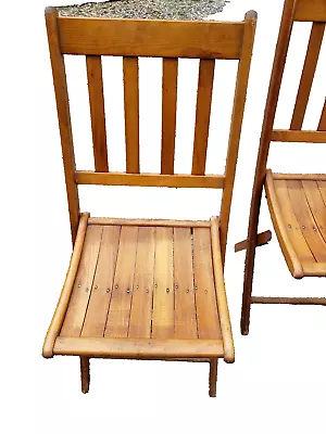 2 Vintag Wooden Slat Seat Folding Chair Set Porch Patio Mid Century Modern Decor • $124.94