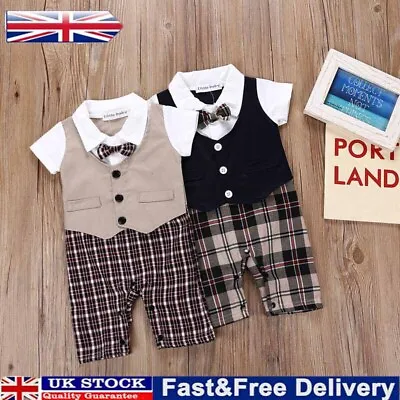 Infant Baby Boys Gentleman Outfit Short Sleeve Tuxedo Suit Romper Bowtie Hat Set • £11.99