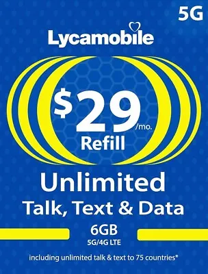 Lycamobile 4G/5G Prepaid $29 Plan Refill • $27
