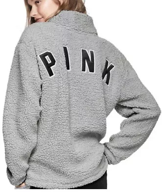 Small Victoria’s Secret PINK Sherpa Cozy Half Zip Jacket  NWT Gray Pullover S • $49.99