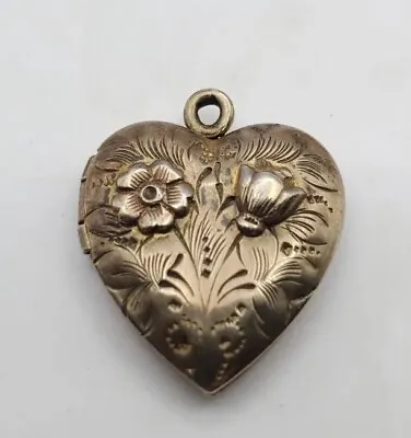 Vintage Heart Locket Gold Filled Over Sterling Flower Detail Pin Stripe ~1  • $40