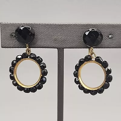 Screw Back Earrings Vtg Black Glass Hoop Dangle West Germany 1 3/8  • $18