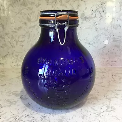 GRANDMA'S BRAND COBALT BLUE  5 Pound STORAGE JAR WITH LID VINTAGE 1982 10” Tall • $44.95