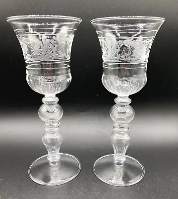 2 Vintage Venetian Wine Glass Hollow Bubble Stem Mouth Blown Etched Goblet Italy • $50