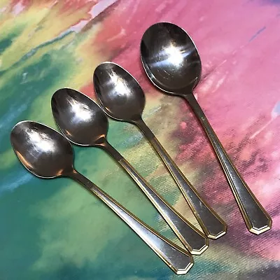 4 Large Spoons Serving Soup Solingen Germany 18/10 ODISIL Stainless Gold Trim • $14.99