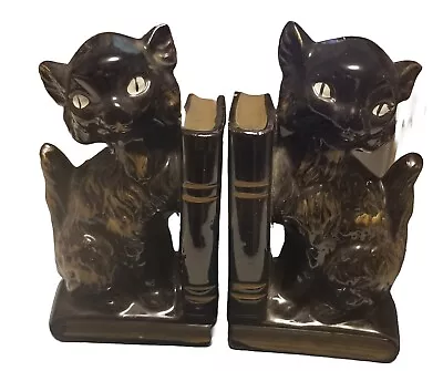Vintage 50s Dark Academia Black Cat Bookends Pen Holders Redware Pottery ~Japan • $18