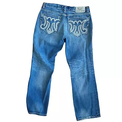 MEK Button Fly Jeans Blue Denim THICK STITCH LUBLIN Straight Distressed Mens 34 • $34.76