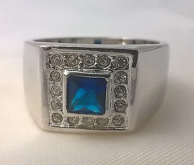 G-Filled 18ct White Gold Simulated Diamond Sapphire Men's Ring Gents Blue Square • $50