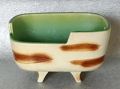 Japanese Mid Century Modern Pottery Vase Cream Brown Green Rectangle Ikebana Vtg • $67.90