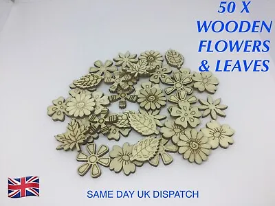 50 X Wooden Flowers & Leaves Card Making Confetti Craft Scrapbooking Spring Art • £3.49