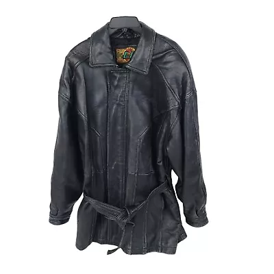 G III Leather Coat Mens Large Vintage Full Zip Heavy Black Belted Distressed  • $58.23