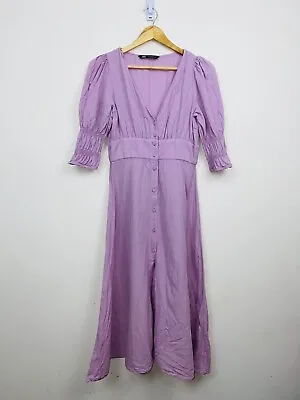 $49.99 • Buy ZARA Lilac MIDI V-Neck  Short Sleeve Linen Cotton Blend Dress Button