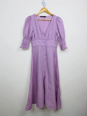 $49.99 • Buy ZARA Lilac MIDI V-Neck  Short Sleeve Linen Cotton Blend Dress Button
