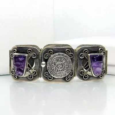 Mid Century Vtg JE Mexico Sterling Silver Mayan Amethyst Panel Bracelet 6.5  • $127