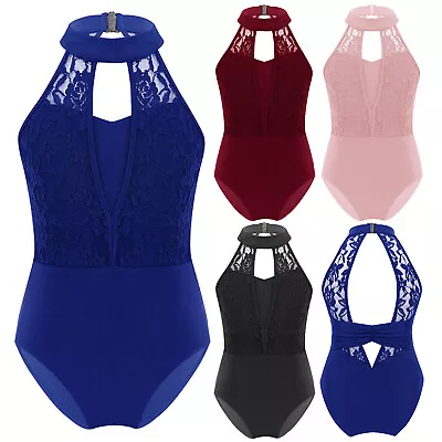 Girls Ballet Dance Leotard Halter Neck Lace Hollow Backless Gymnastics Bodysuit • £6.43