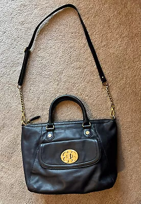 $44 • Buy Emma Fox Black Pebbled Leather Handbag Gold Lock Double Handle Satchel & Strap