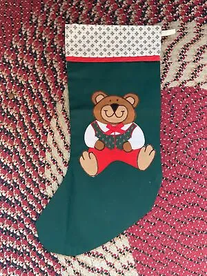 Vintage Teddy Bear Applique Christmas Stocking Green • $18