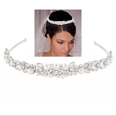 £22.50 • Buy Bridal Wedding Tiara, Austrian Crystal Ivory Pearls, With Tiara Box