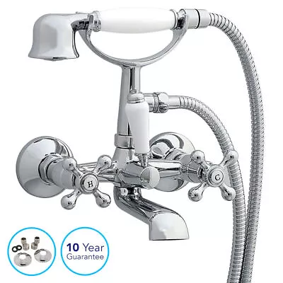 Chrome Traditional Cross Handle Bath Filler Mixer Taps Shower Wall Mounted • £58.94