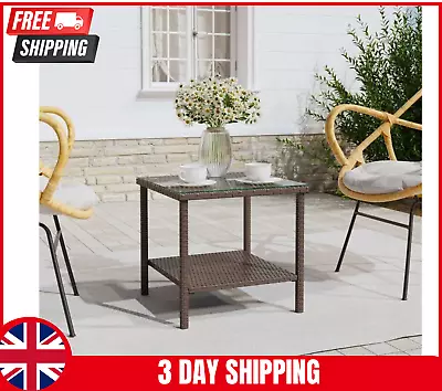 Small Rattan Side Table Garden Patio Coffee Table Glass Top Outdoor Furniture • £38.88