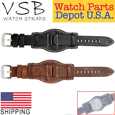 VSB801 Contrast Stitch Leather Watch Band Military Cuff Strap (20mm - 22mm) NEW! • $20.95