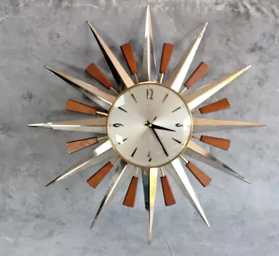 £175 • Buy Mid Century Metamec Sunburst Wall Clock Chrome Teak Brass Large Vintage Original