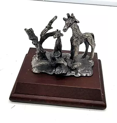 Miniature Giraffes Animal Figurine Pewter On Wood Base • $13.95