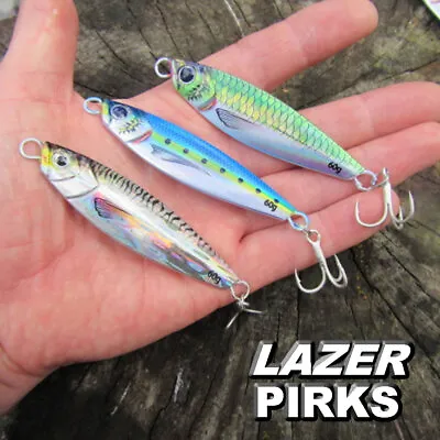 3 X Sea Fishing Pirk Jig Lures Mackerel Bass Pollock LAZER Printing Scale Effect • £7.99