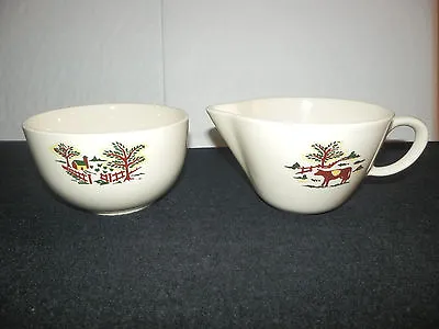 Vtg Salem China Farm Scene Country SLM394 Sugar & Creamer Set Brown/Yellow/Grn  • $7.99