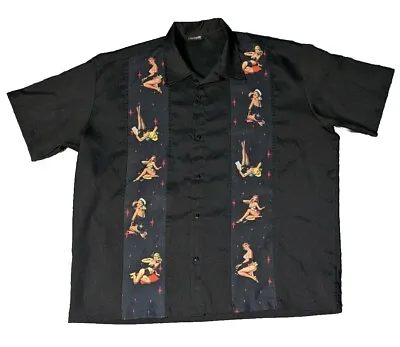 Vintage Steady Last Call (USA) Mens 3XL Black W/ Pin-Ups Models Bowling Shirt • $19.99