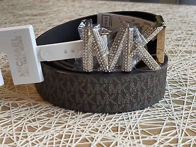 MICHAEL KORS Twist Reversible Mk Logo Brown Belt/ Rhinestone Buckle Size  L • $27.50