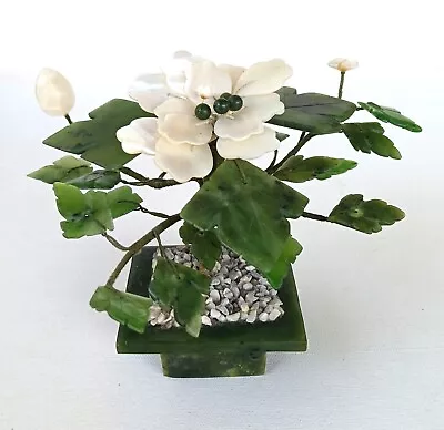 Vintage Asian Jade Glass Flowering White Blossom Bonsai Tree 5  • $16.10