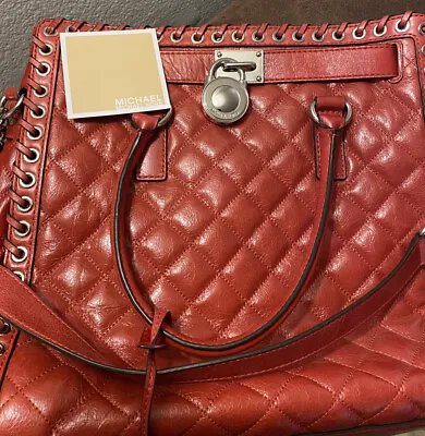 Michael Kors Hamilton Hippie Grommet North South Quilted Tote Red & Silver Large • $124.99