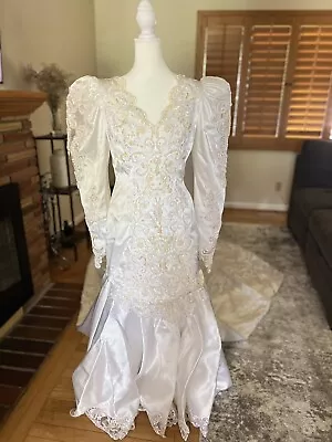 Vintage Bridal Originals White Pearls Satin Wedding Dress 80's Beaded Rare Long • $185