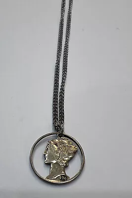 VTG Mercury Dime Cut-Out Coin Pendant 18  Silver-tone Necklace • $23