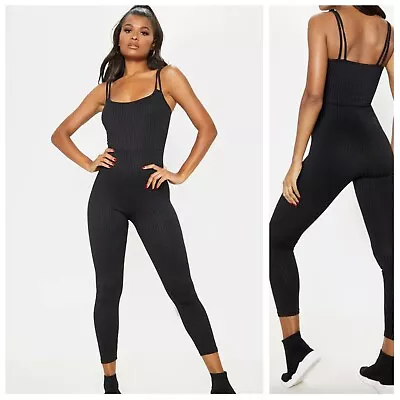 Womens Double Strap Jumpsuit Ladies Ribbed Bodycon Cami Unitard Bodysuit Romper • £14.95