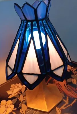 Tiffany Style Mini Table Lamp Blue Stained Glass LED Bulb 11 H*6”W Brass Base • $49.99